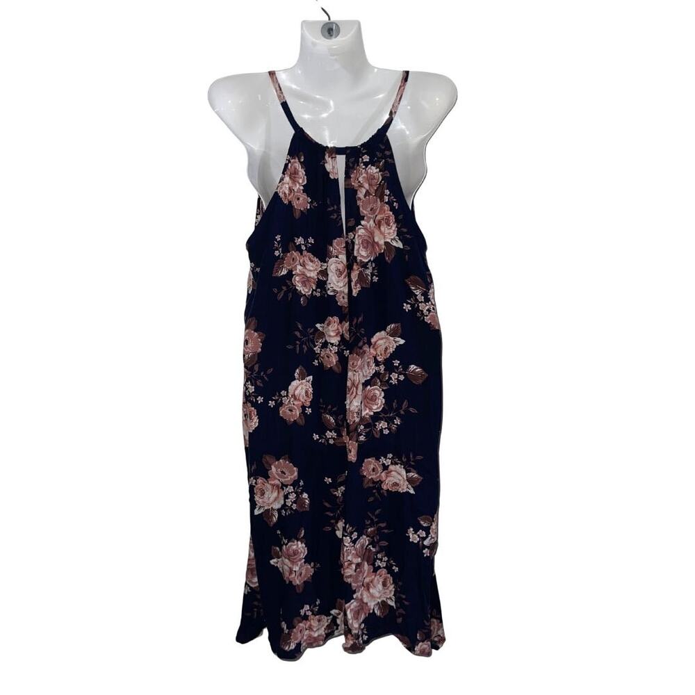 Maurices Navy Blue Pink Floral Halter Neck Mini Dress Xl Pockets Hanky Hemline - Picture 2 of 4